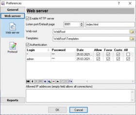 Web server for remote reporting